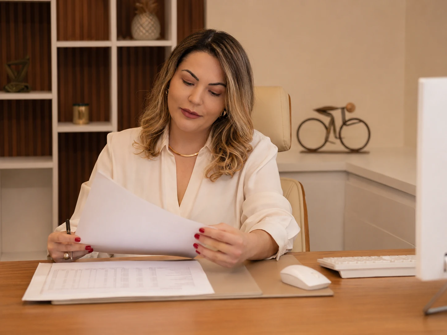 Camila Cavalari em seu consultório durante avaliação de documentos