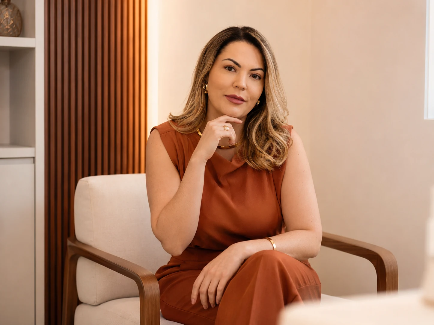 Camila Cavalari em retrato profissional no consultório