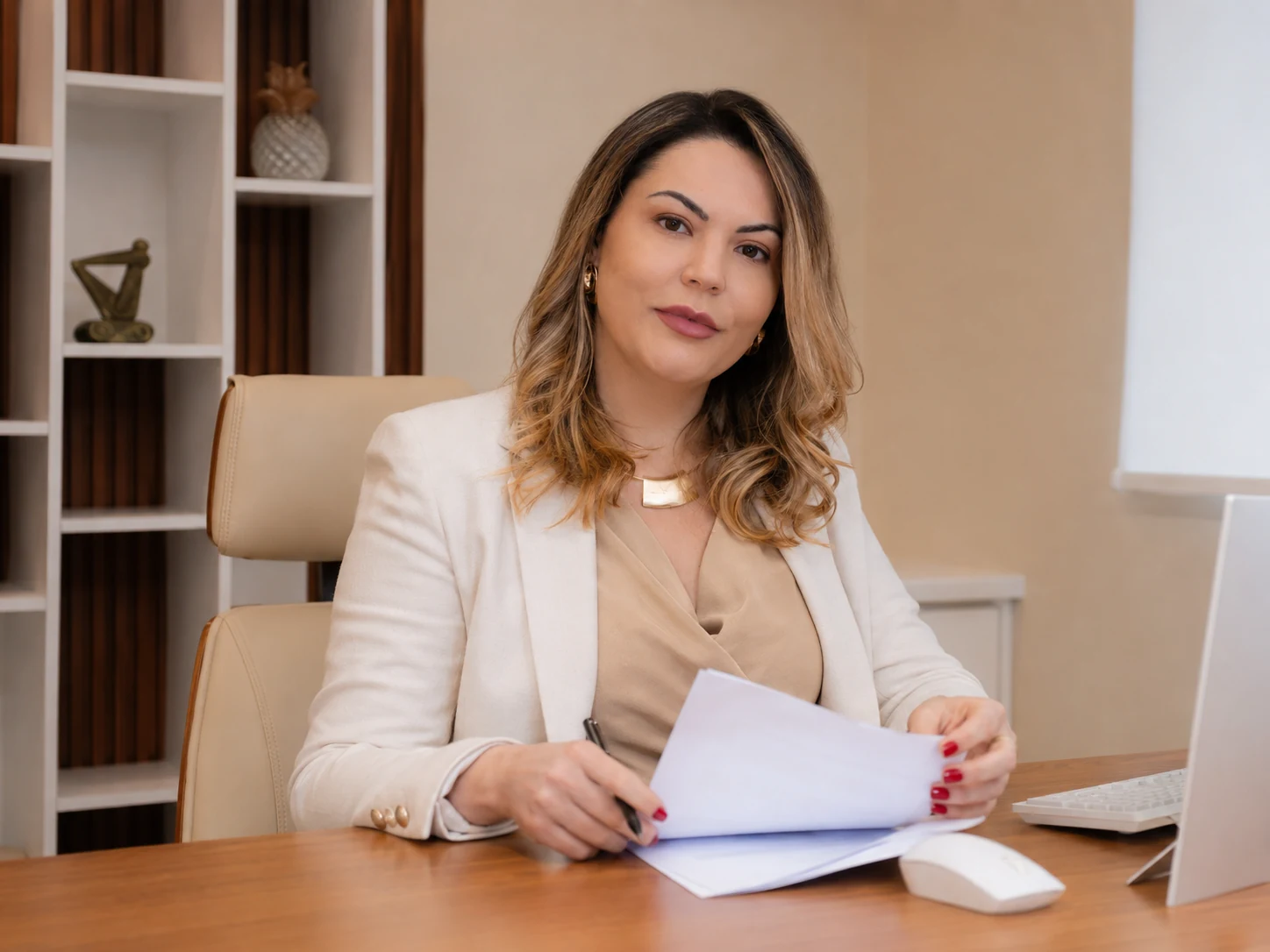 Camila Cavalari revisando documentos em seu consultório